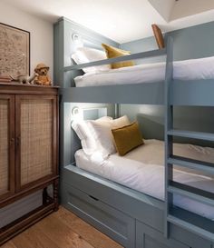 bunk beds with white sheets and pillows in a room