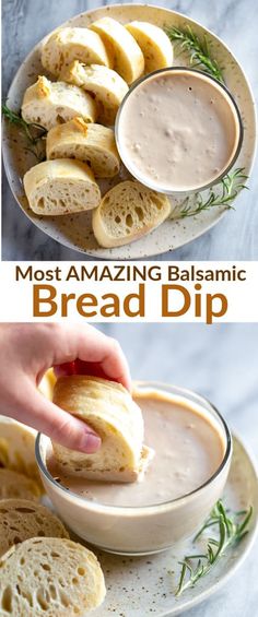 bread dip being served in a bowl with garlic bread on the side and another photo showing how to make it