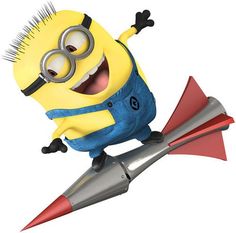 a cartoon minion riding on top of a rocket with his arms and legs spread out