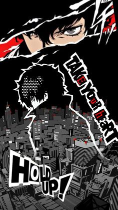 an anime poster with the words hood up on it's face and cityscape in