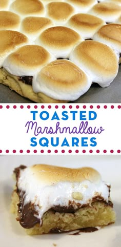 toasted marshmallow squares with chocolate on top and white frosting in the middle