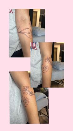 three pictures of the same person's arm with flowers on it and one has a flower tattoo