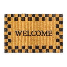 a welcome mat with black and yellow checkered pattern on the front, that says welcome