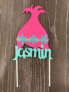 a cake topper with the word jesmon on it and a pink ponchle