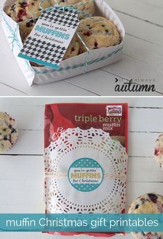 two pictures of cookies in a box and one with a label that says triple berry muffins