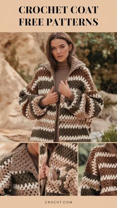 a woman wearing a crochet coat and jacket with the text, free pattern