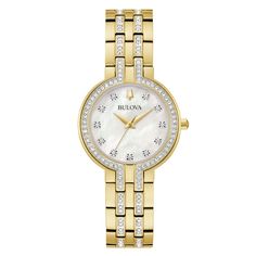 Contemporary design meets upscale refinement with this Bulova ladies’ box set from the crystal collection. 30mm gold-tone stainless steel case set with 68 crystals White mother-of-pearl dial with gold-tone accents and 11 sparkling crystal hour markers Mineral crystal Watch bracelet embellished with crystals; secures with push-button fold-over safety clasp Accompanying the impressive timepiece is a gold-tone necklace with alternating heart pendants in mother-of-pearl with 86 crystals A perfect pa Crystals White, Crystal Watch, Jared The Galleria Of Jewelry, Heart Pendants, Crystal Watches, Watch Bracelet, Gold Tone Necklace, Crystal Collection, Sparkling Crystal