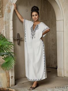 Lasaky - Womens Plus Size Boho Maxi Beach Cover Up Dress with Floral Embroidered Batwing Sleeves and Notched Neckline Traditional White Dresses For Beach Season, Summer Embroidered White Kaftan, Embroidered White Summer Kaftan, Summer White Embroidered Kaftan, White Beach Dress For Eid, White Kaftan For Eid Vacation, Embroidered Maxi Dress For Beach Eid, White Floral Embroidered Kaftan For Vacation, White Beach Maxi Dress For Eid