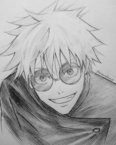 a pencil drawing of an anime character with glasses and a hoodie over his head