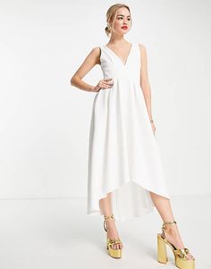 True Violet plunge high low midi dress in ivory | ASOS White Wedding Guest Dresses, High Low Midi Dress, Quoi Porter, Statement Dress, Embellished Dress, High Low Hem, Wedding Attire, Stunning Dresses, White Wedding