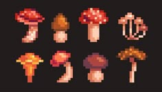 pixel art mushroom collection on black background