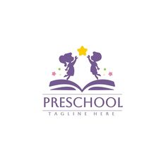 the logo for preschool tagline here, with two children holding hands over an open book