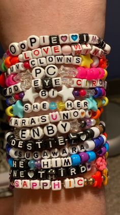 Custom personalized pronoun bracelets. All pronouns are welcomed! Our shop (+this listing) is a judgement free, welcoming zone ! Your arm will look beautiful in our amazing custom patterned kandi bracelets <3 We offer all colors of the rainbow, plus a few extra shades, and various specialty beads. If you have something specific in mind, please message us beforehand to see if it's possible! Please refer to the last photo to see an example of our variety :D Check out our shop for more listings: Customizable Novelty White Jewelry, Customizable White Novelty Jewelry, Personalized Multicolor Kpop Style Jewelry, White Customizable Novelty Jewelry, Kpop Style Personalized Multicolor Jewelry, Trendy White Bracelet With Custom Text, Customized Multicolor Kpop Bracelets, Kpop Style Personalized Multicolor Bracelets, Customizable White Kpop Jewelry