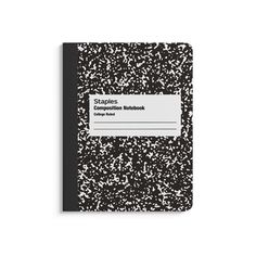 a black and white dotted notebook with the words stapless compension notebook written on it