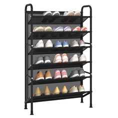 a shoe rack with many pairs of shoes on it's sides and two rows of them