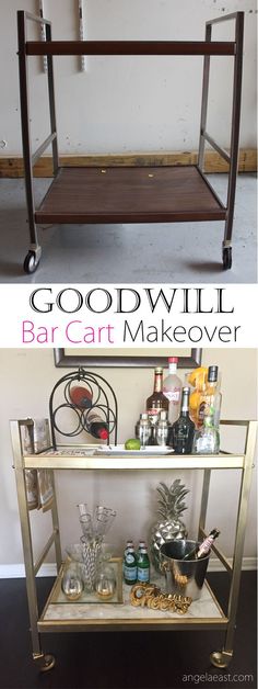 a bar cart with drinks on it and the words good will bar cart makeover