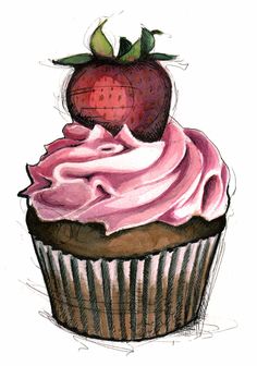 a drawing of a cupcake with pink frosting and a strawberry on the top