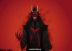 a demonic demon with horns on his head standing in front of a red background,