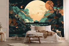 a bedroom with a large mural on the wall and a bed in front of it