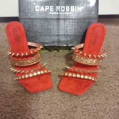 Brand New Red And Gold Stylish Heels, Never Worn. Comes With Original Box. Red Spiked Heels For Party, Red And Gold Heels, Basket Weave Braid, Clear Chunky Heels, Gold Shoes Heels, Rose Gold Heels, Black Basket, Purple Heels, Stylish Heels