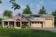 this is an artist's rendering of a house in the country style with two garages