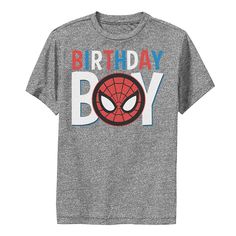 a spiderman birthday shirt with the words,'birthday boy'in front of it