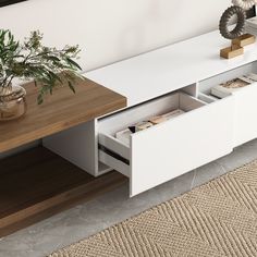 a coffee table with drawers underneath it and a plant in the corner next to it