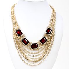 Bijou Drive Gold 3 Row Chain With Red Crystal Stones And 6 Layer Chain 22 Inch With Extender Elegant Red Chain Necklace For Party, Red Adjustable Chain Necklace For Party, Elegant Red Jewelry With Gold Chain, Layer Chain, Layered Chains, Crystal Stones, Red Crystals, Gold Jewelry Fashion, Jewelry Gold