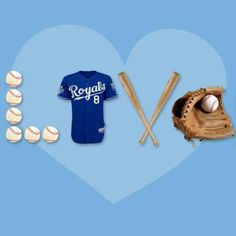 a heart shaped frame with baseballs, mitts and ball in it on a blue background