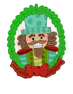 a drawing of a nutcracker with a wreath around it