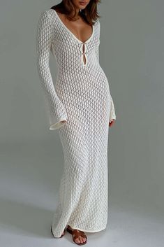 V-neck Open Knit Long Sleeve Maxi Dress Open Back Long Dress, Tricotin Long, Thailand Outfit, Fashion Cover, Sweater Dresses, Maxi Robes, Long Knit, Sleeved Dress, Winter Sweater