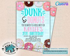 a birthday party card with donuts and doughnuts on it