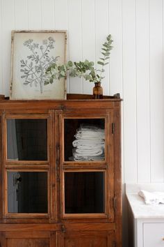 a wooden cabinet sitting next to a white wall with a plant on top of it