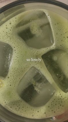 some ice cubes are sitting in a pot with water on the bottom and an inscription above it that says so lovely