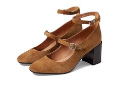 Madewell Marais Mary Jane Heel - Suede - Women's Shoes : Toffee : Bring on a subtle yet stylish touch to your ensemble by wearing the Madewell Marais Mary Jane Heel - Suede. Smooth suede upper. Leather lining. MWL Cloudlift padding ensures enhanced comfort all day long. Dual buckle closure on the ankle and the foot strap. Closed square toe silhouette. Chunky block heel. Durable synthetic outsole. Imported. Measurements: Heel Height: 2 1 2 in Weight: 8 oz Product measurements were taken using siz Suede Ankle Strap Heels For Fall, Fall Suede Ankle Strap Heels, Fall Suede Heels With Ankle Strap, Suede Ankle Strap Heels For Work, Classic Suede Heels For Fall, Casual Suede Heels With Ankle Strap, Suede Shoes Women, Chunky Block Heels, Mary Jane Heels