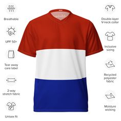 Unleash your inner Oranje fan with this comfortable and stylish unisex sport jersey Cheer on the Dutch national team at the European Football Championship, Olympic Games, FIVB Volleyball World Cup, FIH Hockey World Cup, or any other sporting event. This t-shirt is the perfect way to show your unwavering support for the Netherlands and its talented athletes. View more The Netherlands flag items Crafted with Dutch pride in mind: Classic colors: The front proudly displays the iconic Dutch flag with Red Sporty V-neck T-shirt, Football Season Short Sleeve Sport Jersey, Football Season Short Sleeve Sportswear Jersey, Short Sleeve Football Season Sportswear Jersey, Sportswear Football Season Short Sleeve Jersey, Football Season Sportswear T-shirt With Sublimation Print, Sportswear T-shirt With Sublimation Print For Football Season, Jersey Sports Fan Tops For Sports Events, Sporty V-neck Jersey For Sports Events