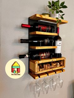 Looking for a fun weeekend DIY project? Heres a simple to follow digital wood building plans for a fancy wine rack wall decor. Impress friends and family with this elegant and modern design that holds 4 wine glasses and 4 wine bottles. It has a clear wine cork box display and the option for 2 under mount lighting to give it that wow factor. Wall Mounted Wine Rack Wood, Wine Rack Furniture, Wood Wine Rack Diy, Wall Wine Rack, Diy Wooden Wall, Woodworking Items That Sell, Wine Rack Plans, Beer Storage, Boho Styl