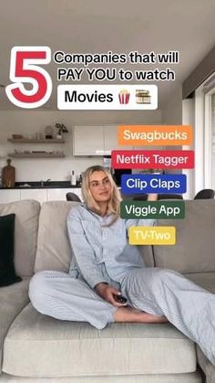 a woman sitting on top of a couch in front of a window with the words 5 companies that will pay you to watch movies