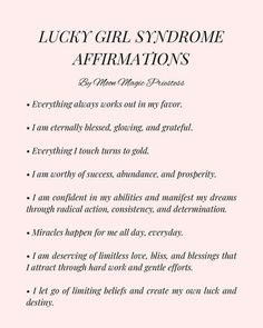 a pink and black book cover with the words, lucky girl syndrome affirmations