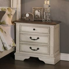 a night stand with two drawers in a bedroom