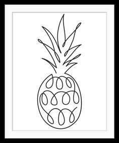 a black and white drawing of a pineapple with leaves on the top, in a frame