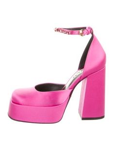 Versace Satin D'Orsay PumpsPinkSquare-Toes with Crystal EmbellishmentsPlatformWrap-Around Straps & Buckle Closure at AnklesIncludes Box & Dust Bag Pink Versace Platform Heels, Crystal Embellishment, Pump Shoes, Versace, Embellishments, Dust Bag, Buckle, Pumps, Satin