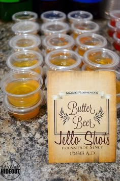 there is a sign that says butterer's beer jello shots on the counter