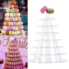 there are many different types of macaroons on the table and one is stacked high