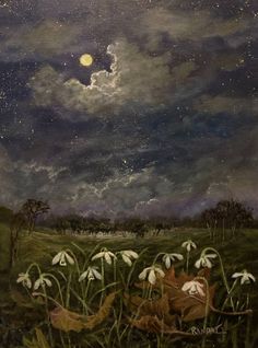 a painting of white flowers in a grassy field under a night sky with stars and clouds