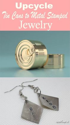 two metal stamped jewelry with the words upcycle on them and an image of a can