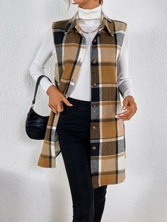 Multicolor Casual Collar sin mangas Tela A cuadros Chaleco Embellished No-Elástico  Ropa de Exterior para Mujer Plaid Vest Outfits For Women, Vest Coat Outfits For Women, Plaid Vest Outfit, Coat Outfits For Women, Brown Jacket Outfit, Plaid Sweater Vest, Magic Clothes, Sweater Vest Outfit