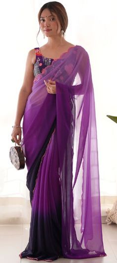 Purple and Violet color Saree in Faux Georgette fabric with Thread work Purple Saree With Pallu For Party, Purple Party Saree With Pallu Detail, Party Purple Saree With Pallu, Elegant Purple Blouse Piece For Party, Elegant Purple Blouse For Party, Elegant Purple Party Blouse Piece, Purple Pallu Blouse Piece For Party, Party Multicolor Georgette Blouse Piece, Purple Saree With Unstitched Blouse For Party