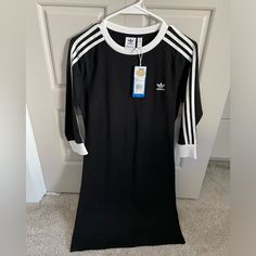 Brand New Black Adidas Dress Black Fitted Crew Neck Midi Dress, Black Fitted Midi Dress With Crew Neck, Adidas Mini Dress For Spring, Black Crew Neck Midi Dress For Summer, Adidas Cotton Summer Dress, Adidas Fitted Mini Dress, Adidas Black Summer Dresses, Adidas Cotton Dress For Summer, Fitted Adidas Mini Dress