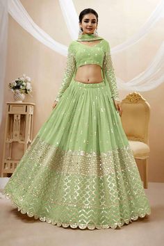 Product Features: Lehenga Color: Pista Blouse Color: Pista Lehenga Fabric: Georgette Blouse Fabric: Georgette Wash: Dry Clean Occasion: Festival,Party Product Type: Lehenga Set Disclaimer: There will be slight difference in digital to actual image Pastel Color Lehenga, Pista Green Colour, Sequin Lehenga, Green Lehenga Choli, Pista Green, Lehenga Wedding, Green Lehenga